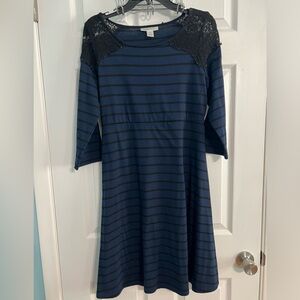 Motherhood Maternity Navy Blue and Black Striped Lace Dress Tunic Size Large